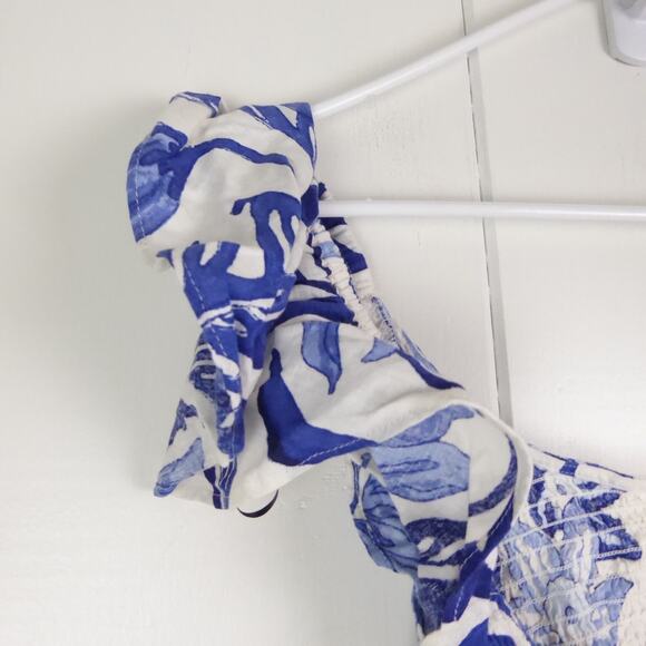 H&M Top Womens SZ XL Cropped Smocked Top Linen Blend Puff Sleeves Beachy Coastal - Picture 2 of 12